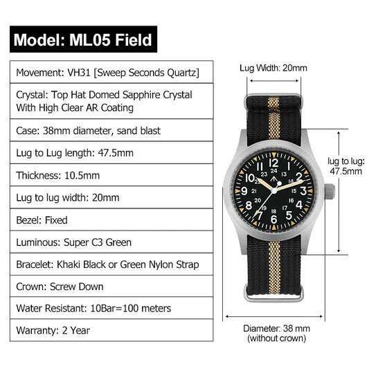 Militado ML05 Vintage Watch VH31 Sweep Second Movement Domed Sapphire Crystal With High Clear AR Coating Luminous 38mm Watches