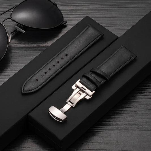 20mm 22mm Leather Watchband for Samsung Galaxy watch 7/6/5/4 40/44mm 5pro 45mm Butterfly Clasp Strap for Huawei watch GT2-3 42mm