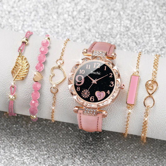 6PCS/Set Fashion Heart Dial Women's Watch Casual Leather Band Analog Quartz Watch Leaf Bracelets Set(Without Box)