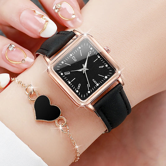 2/4PCS Fashion Square Women's Watch Leather Band Quartz Watches Heart Bracelet Set(Without Box)