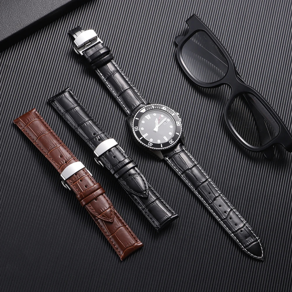 Butterfly Buckle Genuine Calfskin Leather Watch Starp Universal Replacment Watch Bands 12/13/14/15/16/17/18/19/20/21/22/23/24mm