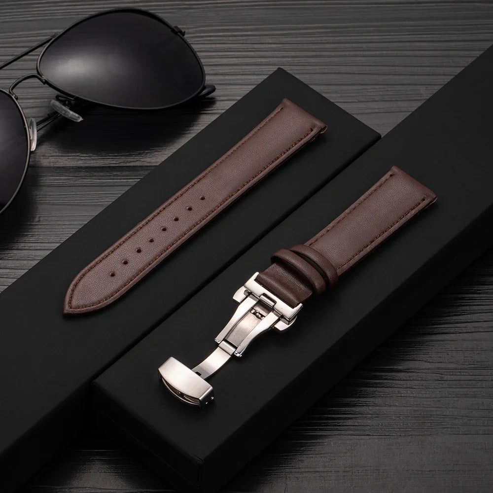 20mm 22mm Leather Watchband for Samsung Galaxy watch 7/6/5/4 40/44mm 5pro 45mm Butterfly Clasp Strap for Huawei watch GT2-3 42mm