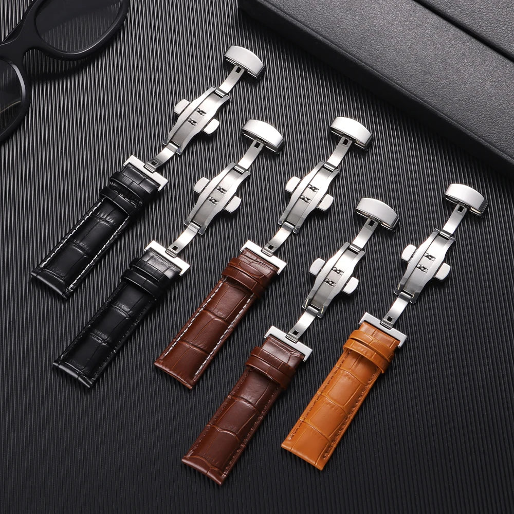Butterfly Buckle Genuine Calfskin Leather Watch Starp Universal Replacment Watch Bands 12/13/14/15/16/17/18/19/20/21/22/23/24mm