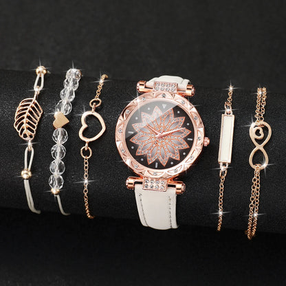 6PCS/Set Fashion Heart Dial Women's Watch Casual Leather Band Analog Quartz Watch Leaf Bracelets Set（Without Box）