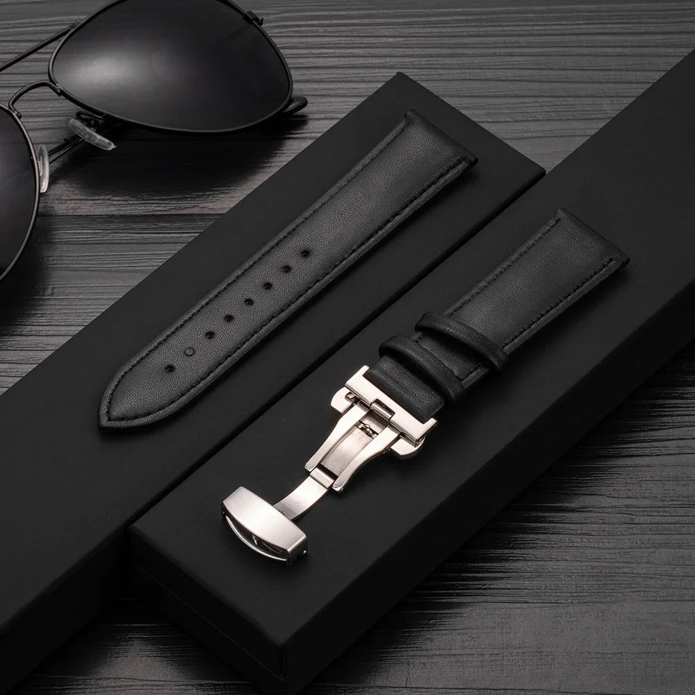 20mm 22mm Leather Watchband for Samsung Galaxy watch 7/6/5/4 40/44mm 5pro 45mm Butterfly Clasp Strap for Huawei watch GT2-3 42mm