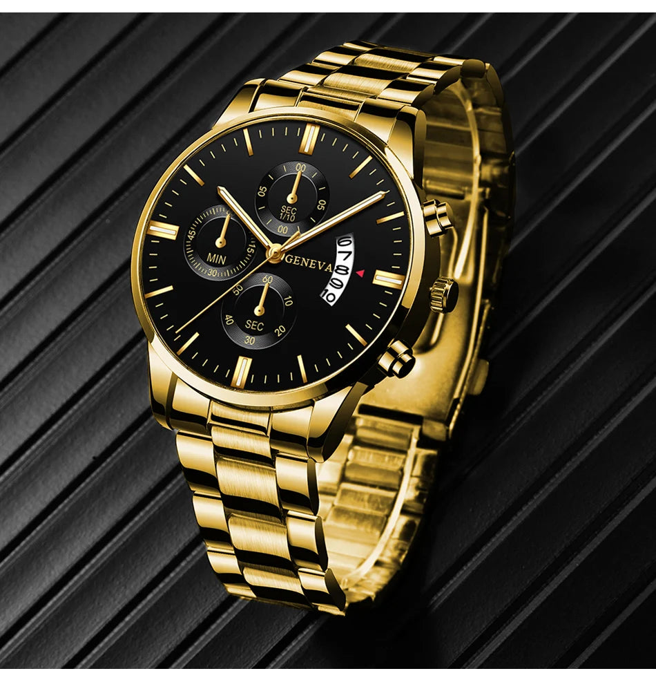 2023 Fashion Men Gold Stainless Steel Watch Luxury Calendar Quartz Wrist Watch Mens Business Watches for Man Clock Reloj Hombre