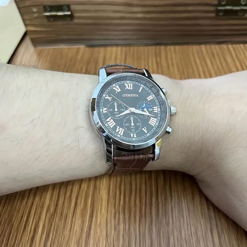 Luxury Men Business Watches  Fashion Leather Strap Round Dial Male's Analog Quartz Wristwatch Reloj Hombre（Without Box）