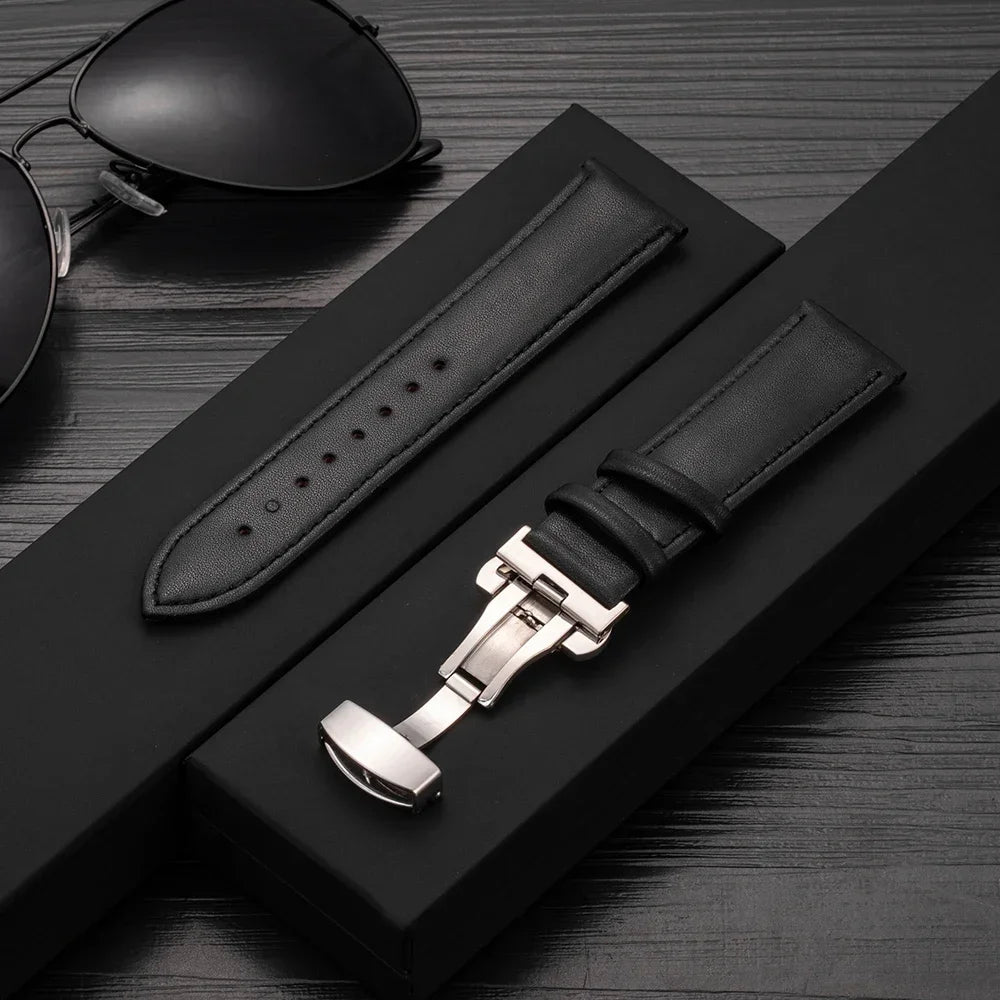 20mm 22mm Leather Watchband for Samsung Galaxy watch 7/6/5/4 40/44mm 5pro 45mm Butterfly Clasp Strap for Huawei watch GT2-3 42mm