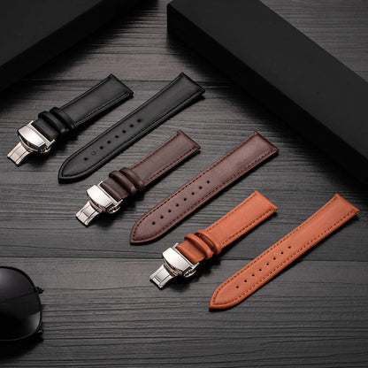 20mm 22mm Leather Watchband for Samsung Galaxy watch 7/6/5/4 40/44mm 5pro 45mm Butterfly Clasp Strap for Huawei watch GT2-3 42mm