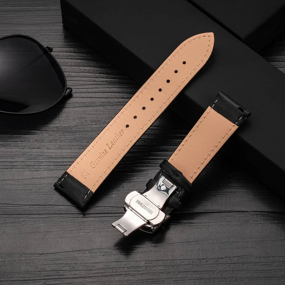 20mm 22mm Leather Watchband for Samsung Galaxy watch 7/6/5/4 40/44mm 5pro 45mm Butterfly Clasp Strap for Huawei watch GT2-3 42mm