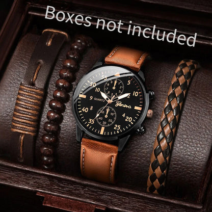 4PCS Fashion Arabic Dial Men Business Watches Vintage Bracelets Set Leather Band Quartz Wristwatch Relogio Masculino（Without Box