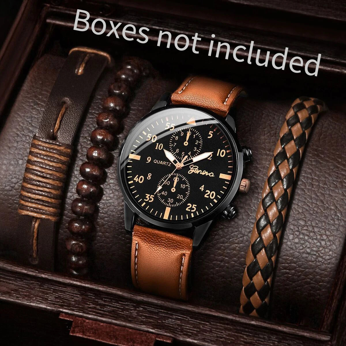 4PCS Fashion Arabic Dial Men Business Watches Vintage Bracelets Set Leather Band Quartz Wristwatch Relogio Masculino（Without Box