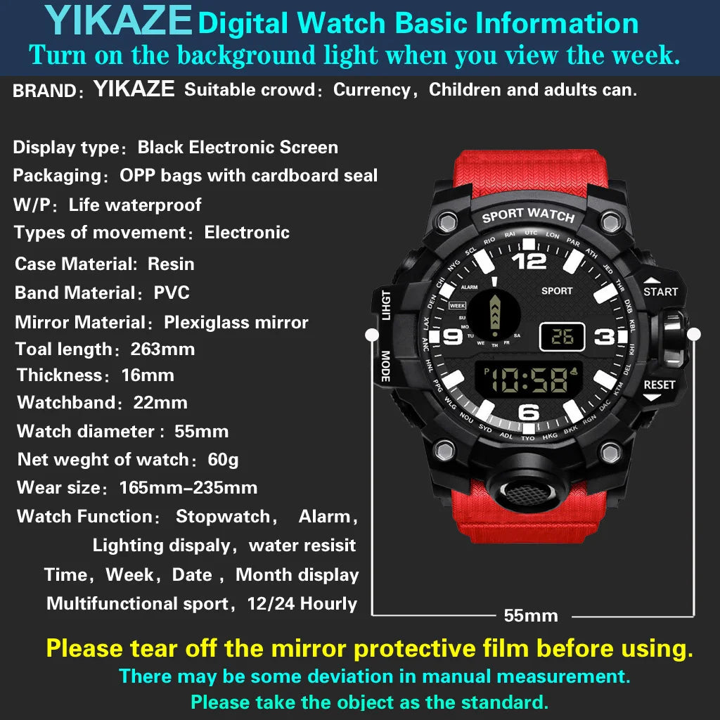 Men's Watch Fashion Sports Electronic Wristwatch Large Dial Multifunctional Waterproof Luminous Alarm Kids Male's Military Watch