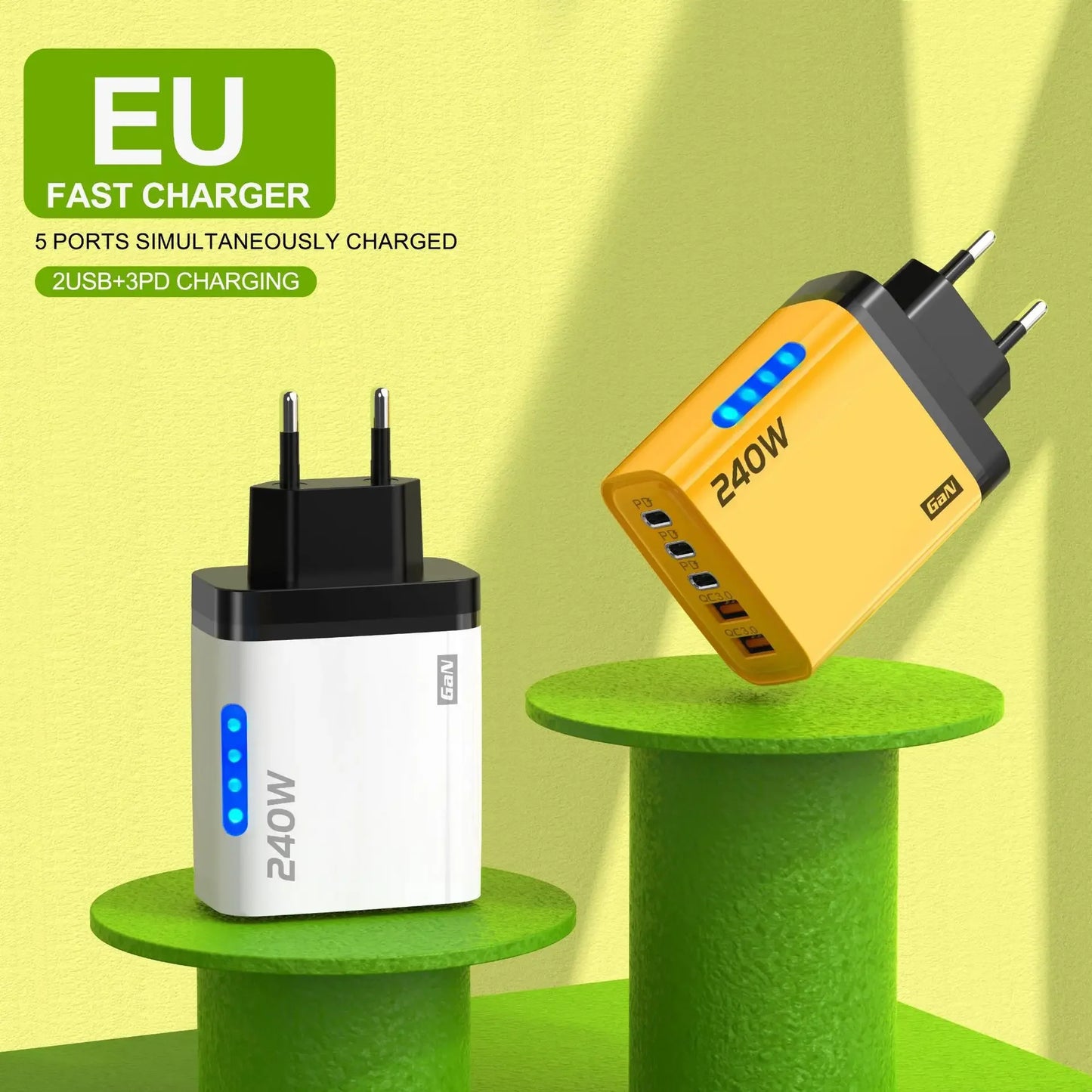 5-in-1 GaN 240W Fast Charger  Desktop Charger USB Type C Charger Fast Charging Quick Charge 3.0 Adapter For iPhone SamsungHuawei