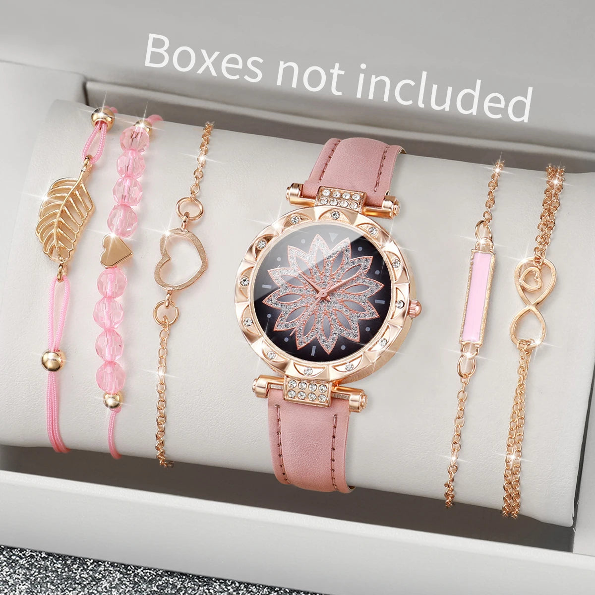 6PCS/Set Fashion Heart Dial Women's Watch Casual Leather Band Analog Quartz Watch Leaf Bracelets Set（Without Box）