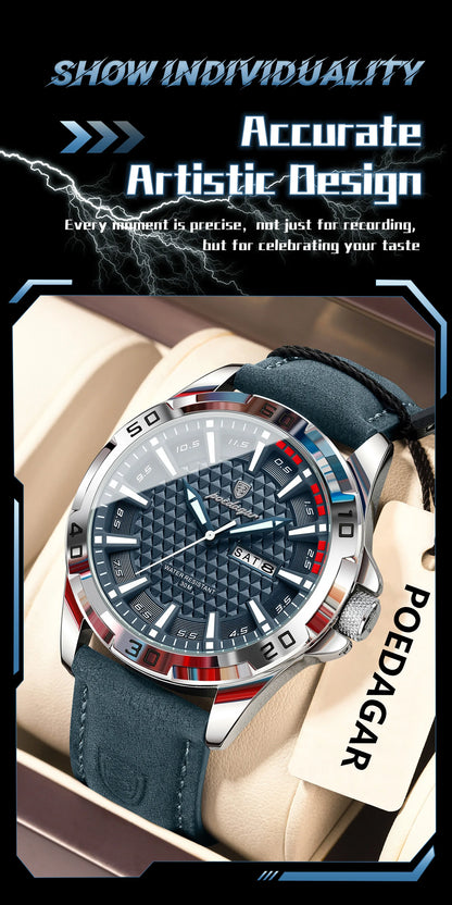 POEDAGAR Original Men Watch Luxury Waterproof Luminous Date Week Watch For Man Quartz Leather Fashion Men's Watches Reloj Hombre