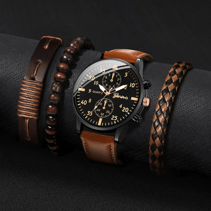 4PCS Fashion Arabic Dial Men Business Watches Vintage Bracelets Set Leather Band Quartz Wristwatch Relogio Masculino（Without Box