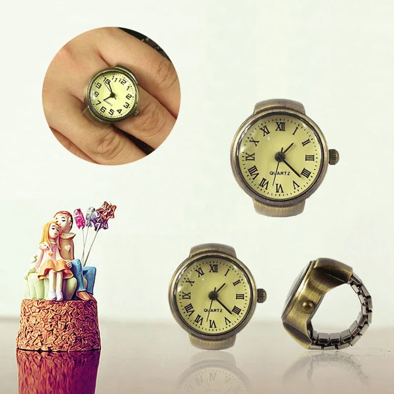Vintage Punk Finger Watch Mini Elastic Strap Alloy Watches Couple Rings Jewelry Clock Retro Roman Quartz Watch Rings Women Men