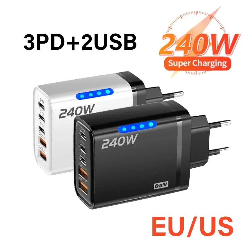 5-in-1 GaN 240W Fast Charger  Desktop Charger USB Type C Charger Fast Charging Quick Charge 3.0 Adapter For iPhone SamsungHuawei