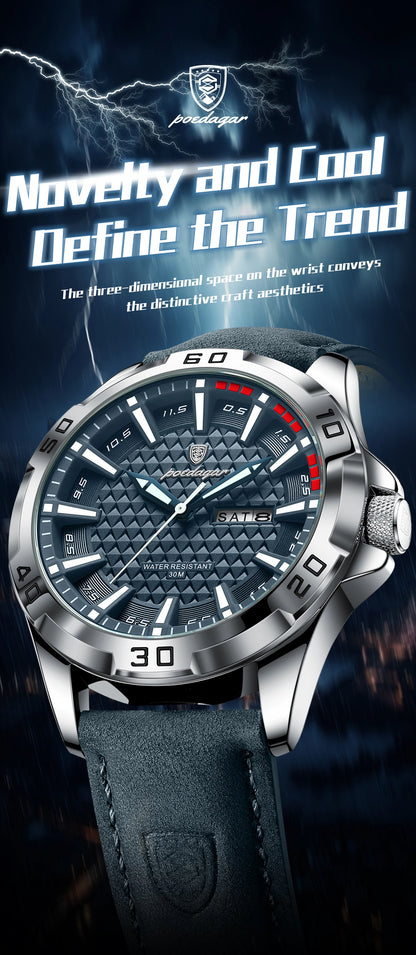 POEDAGAR Original Men Watch Luxury Waterproof Luminous Date Week Watch For Man Quartz Leather Fashion Men's Watches Reloj Hombre