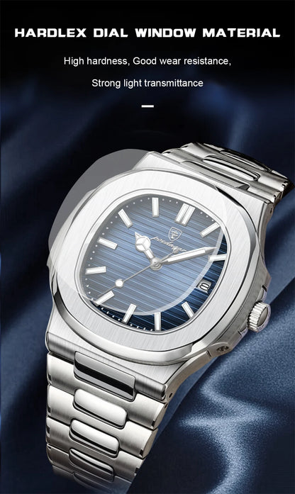 POEDAGAR Square Luxury Men Wristwatch Waterproof Luminous Date Stainless Steel Male Clock Business Sports Quartz Watches For Men