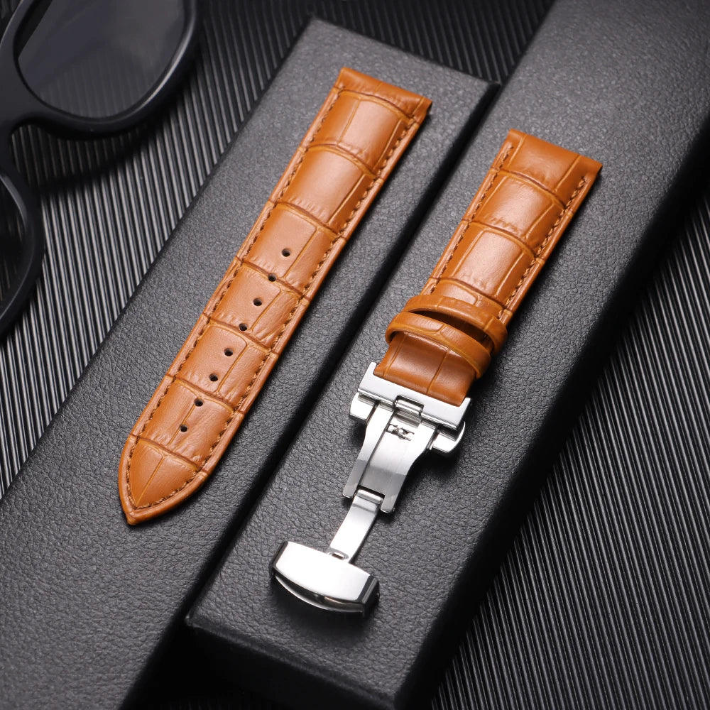 Butterfly Buckle Genuine Calfskin Leather Watch Starp Universal Replacment Watch Bands 12/13/14/15/16/17/18/19/20/21/22/23/24mm