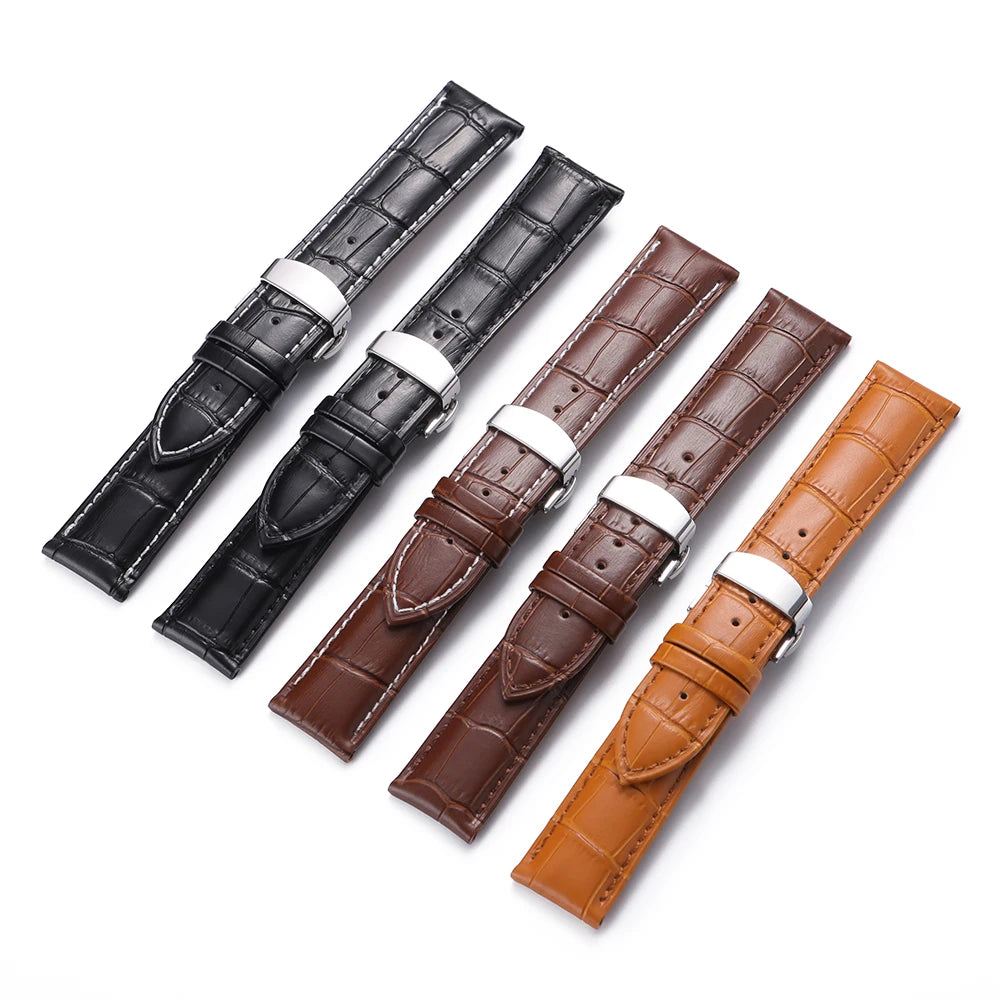 Butterfly Buckle Genuine Calfskin Leather Watch Starp Universal Replacment Watch Bands 12/13/14/15/16/17/18/19/20/21/22/23/24mm
