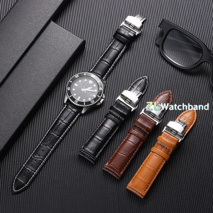 Butterfly Buckle Genuine Calfskin Leather Watch Starp Universal Replacment Watch Bands 12/13/14/15/16/17/18/19/20/21/22/23/24mm