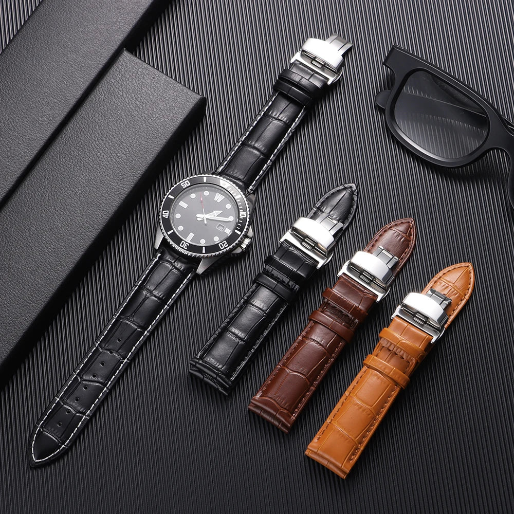 Butterfly Buckle Genuine Calfskin Leather Watch Starp Universal Replacment Watch Bands 12/13/14/15/16/17/18/19/20/21/22/23/24mm