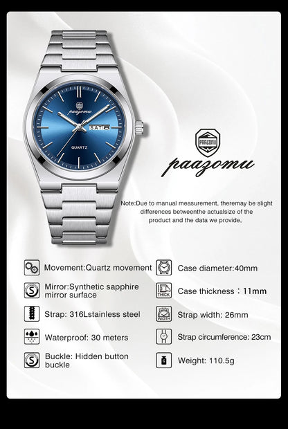 PAAZOMU Luxury Quartz Man Wristwatch Sport Men Watches Waterproof Luminous Date Week Stainless Steel Men's Watch Male Reloj+box
