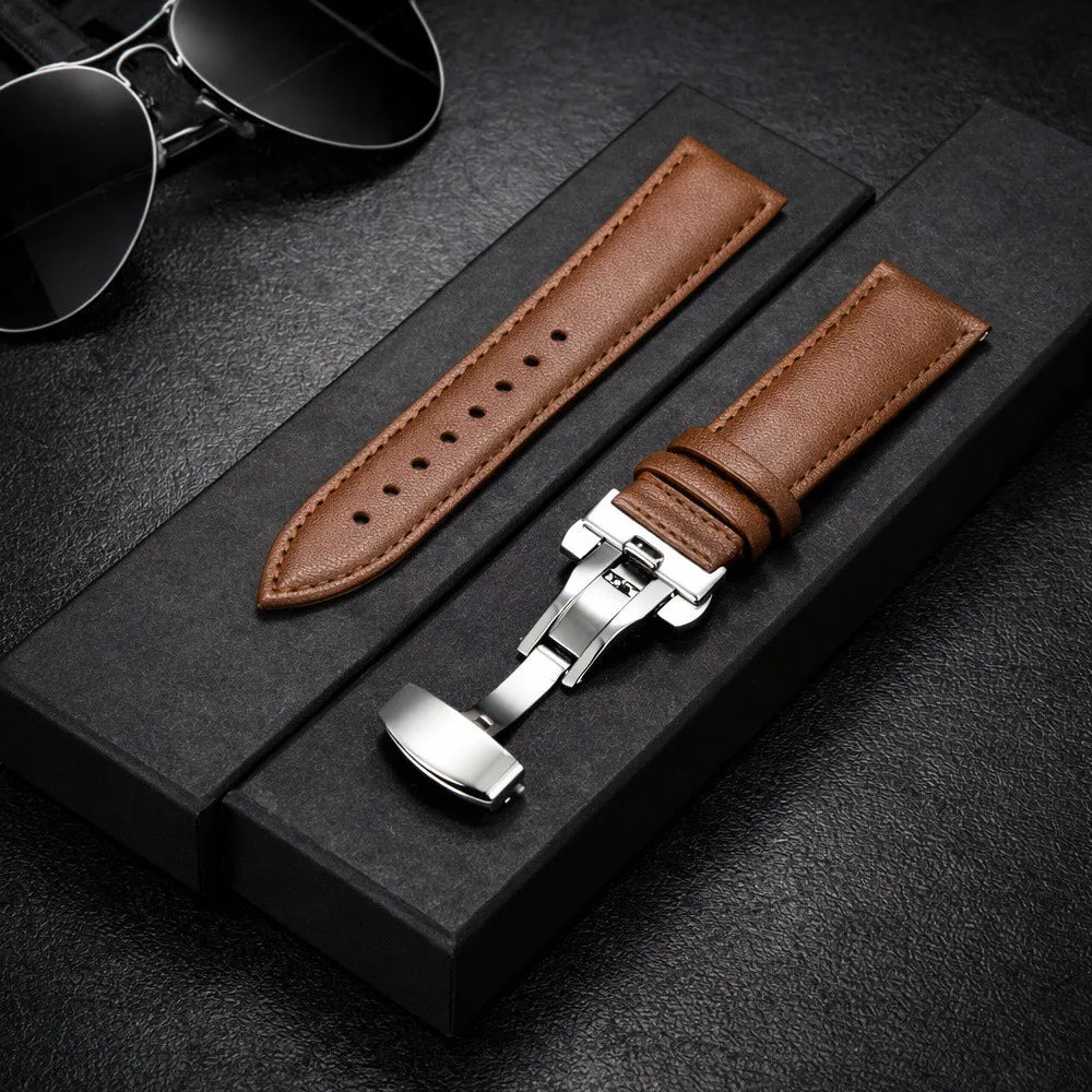 20mm 22mm Leather Watchband for Samsung Galaxy watch 7/6/5/4 40/44mm 5pro 45mm Butterfly Clasp Strap for Huawei watch GT2-3 42mm